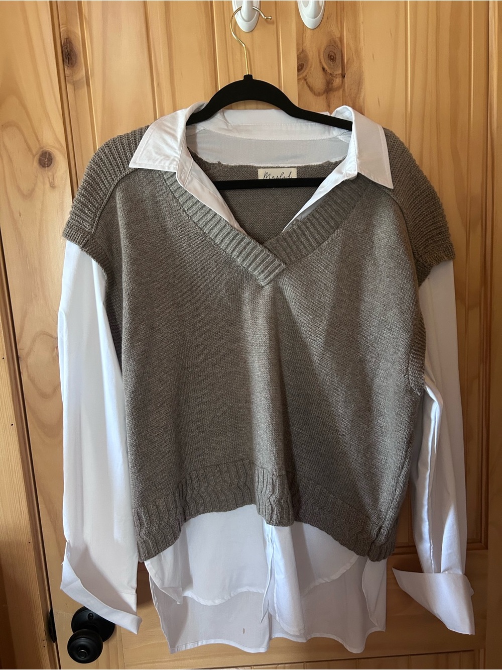 Marled Taupe V-Neck Knit Vest with White Shirt Layer